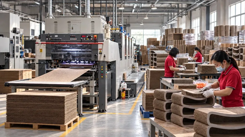 Operators stacking corrugated cat scratchers parts beside the converting line on the factory floor.