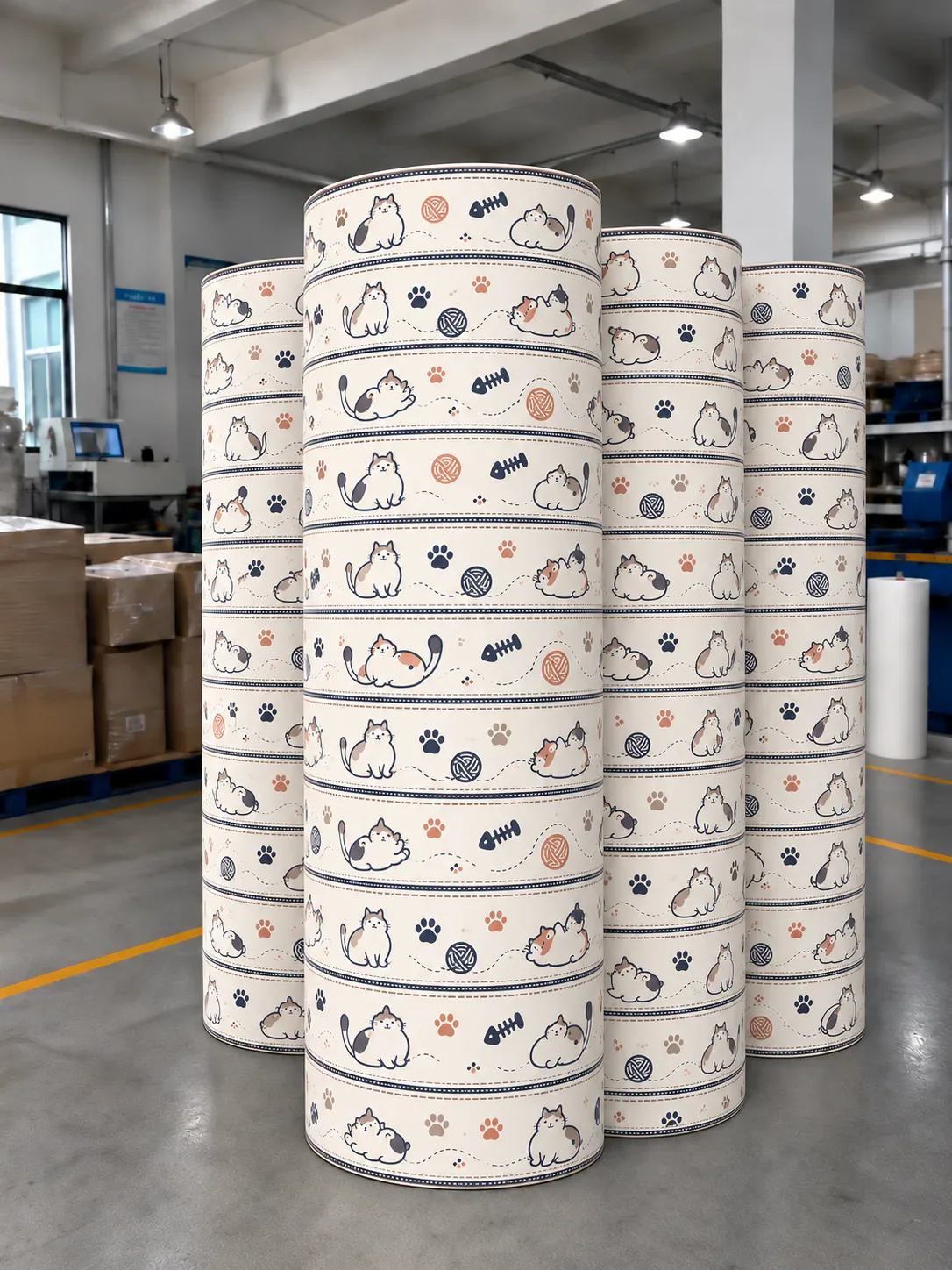 Cat-print rings stacked high on a pallet, artwork wrapping every layer of the corrugated form.