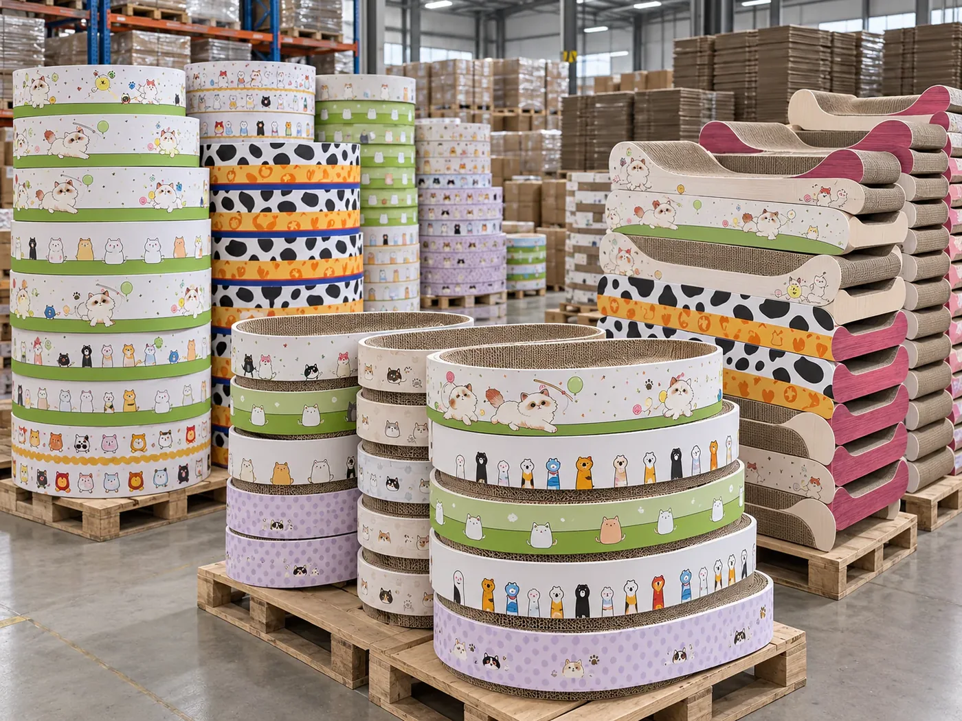 Mixed-print scratcher rings grouped on pallets.