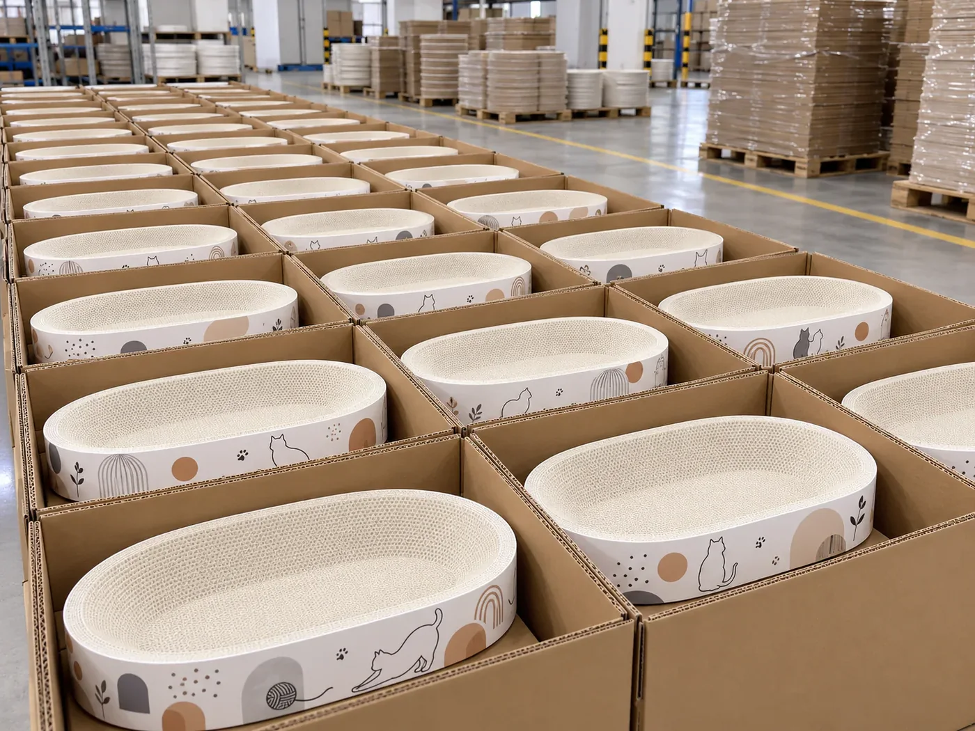 Oval scratcher beds lined up for packing.