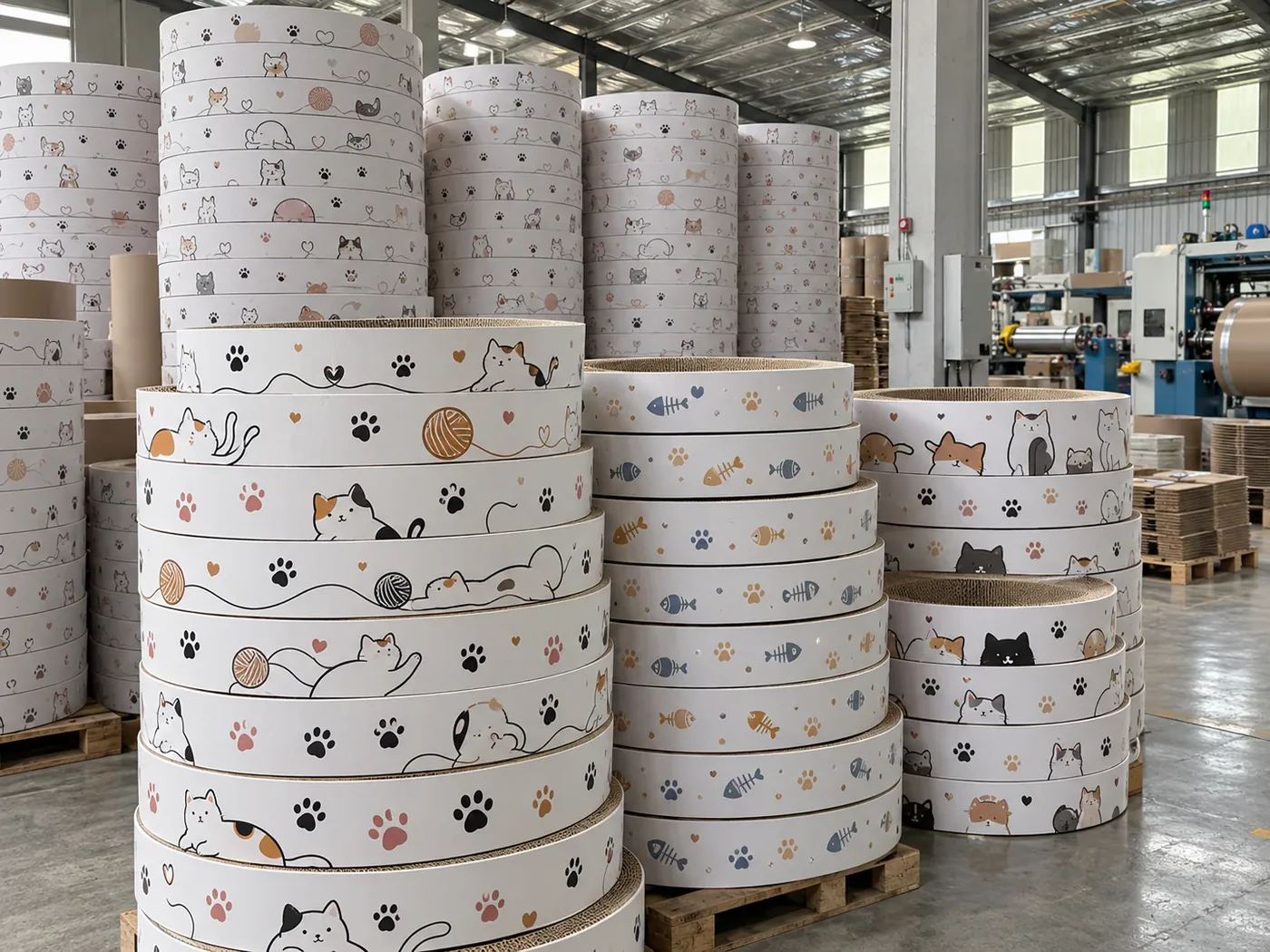 Paw-print scratcher rings ready on pallets.