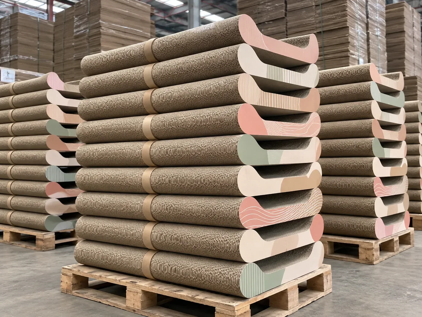 Printed scratcher lounges stacked for retail.