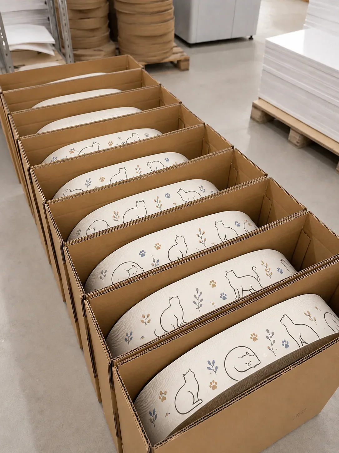Cat scratcher rings packed flat in open shipping cartons.