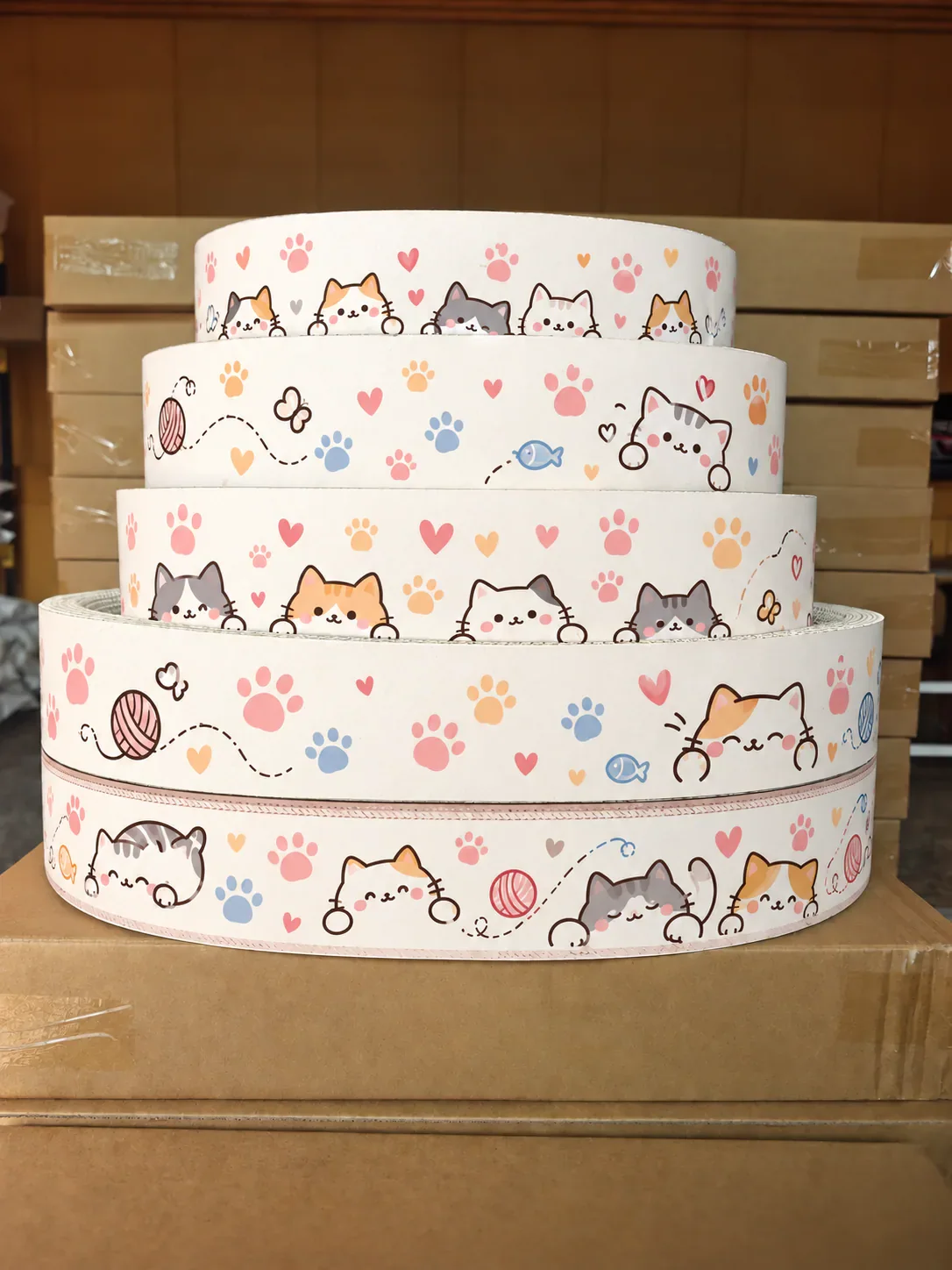 A tiered display of cat-print scratcher rings, from a small top ring down to a wide base.