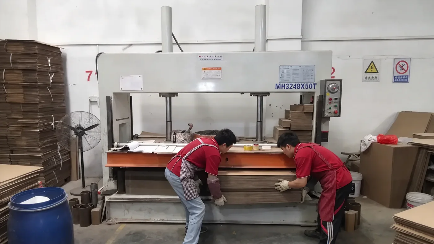 Operators running the platen die cutter, pulling clean corrugated forms for the next scratcher build.
