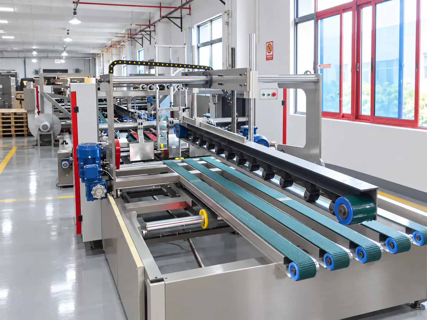 Automatic folder-gluer belt line, folding and bonding corrugated parts for cat scratchers at speed.