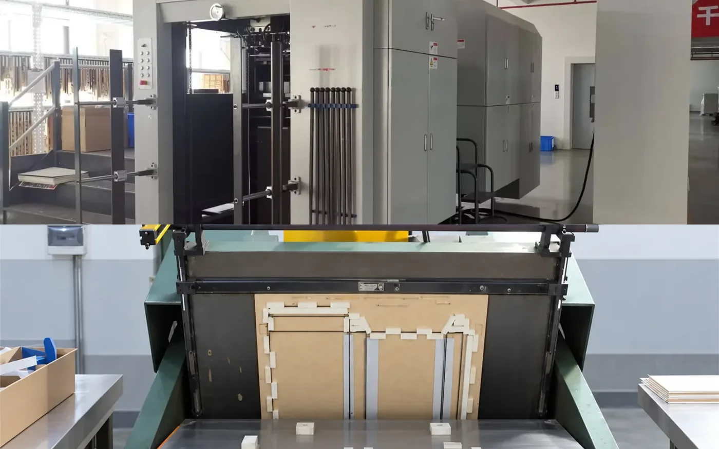 Enclosed automatic die cutter on the line. Guillotine shear trimming corrugated blanks.