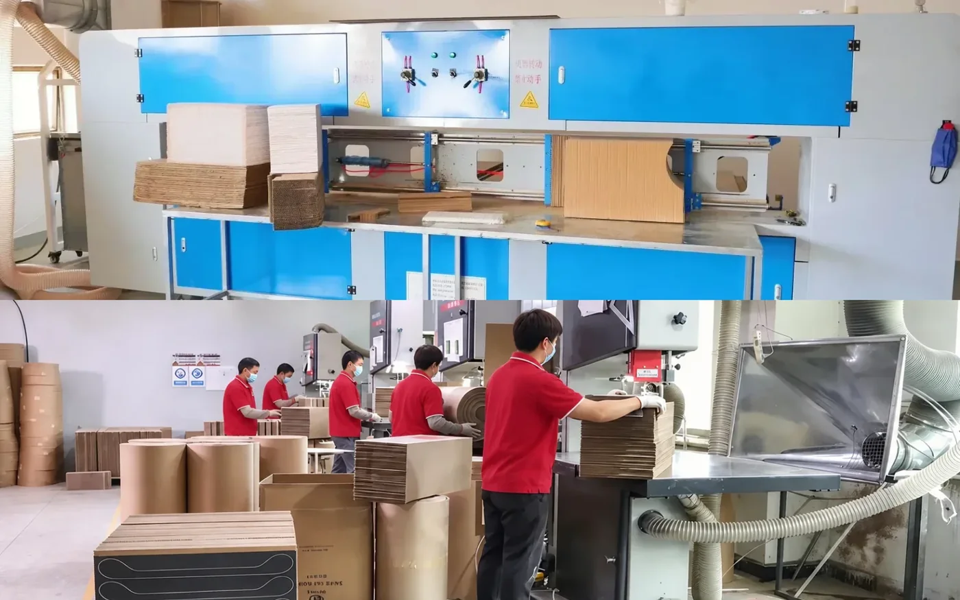 Wide automatic die cutter with feed tables. Crew stacking freshly cut corrugated sheets.