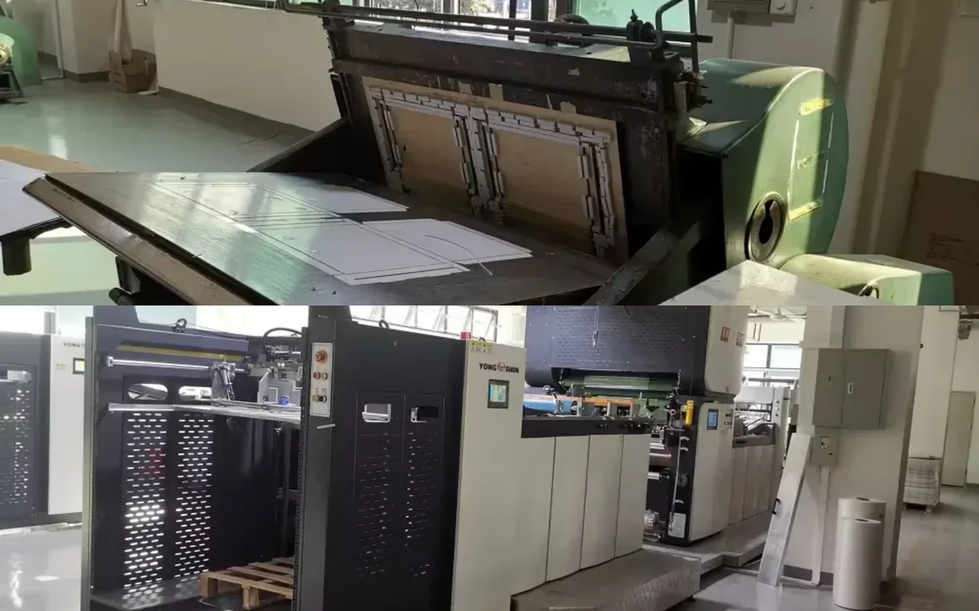 Cutting die locked in the platen press. Die cutter taking board from a pallet.