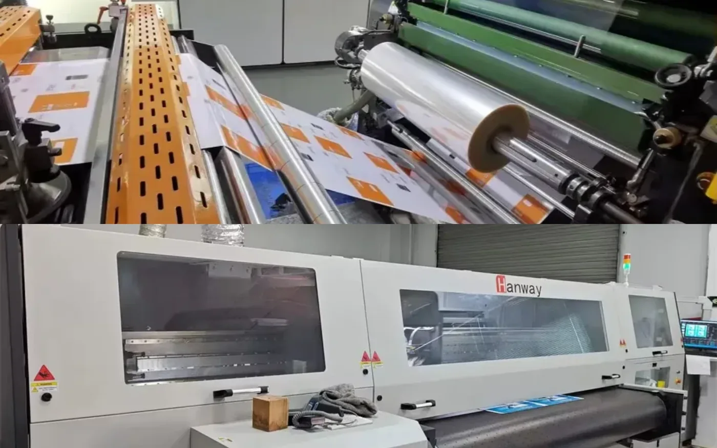 Film being laid onto a printed sheet. Laminator running a printed scratcher sheet.