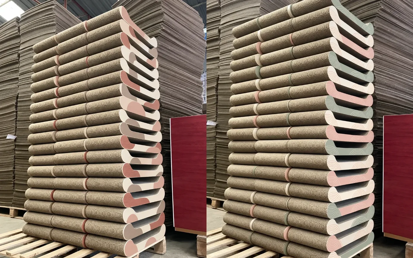 Pastel lounge scratchers in a tall retail stack. Tall stack of printed lounge scratchers.