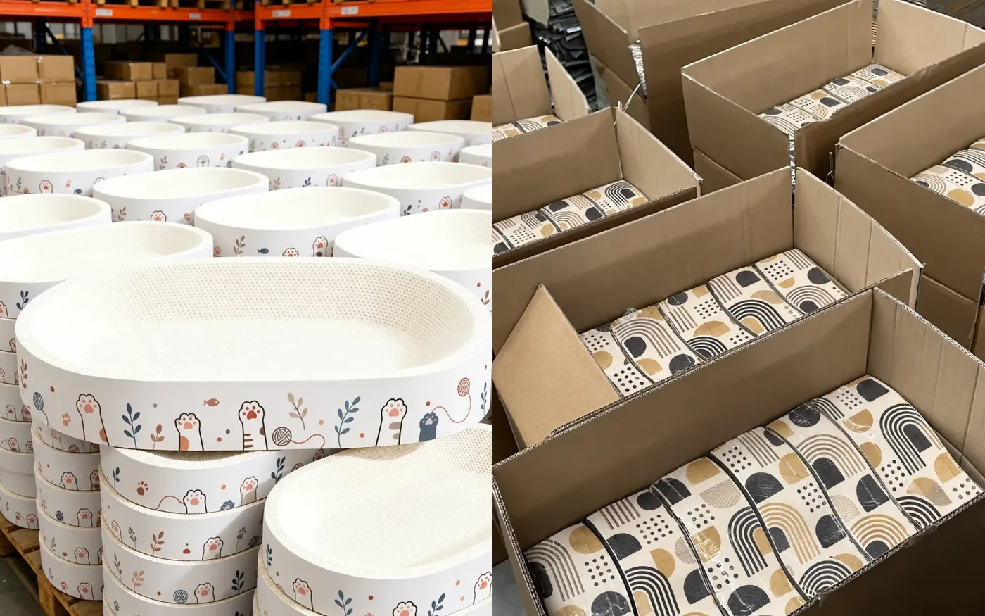 Close view of oval cat-print scratcher beds. Patterned scratchers nested in shipping cartons.