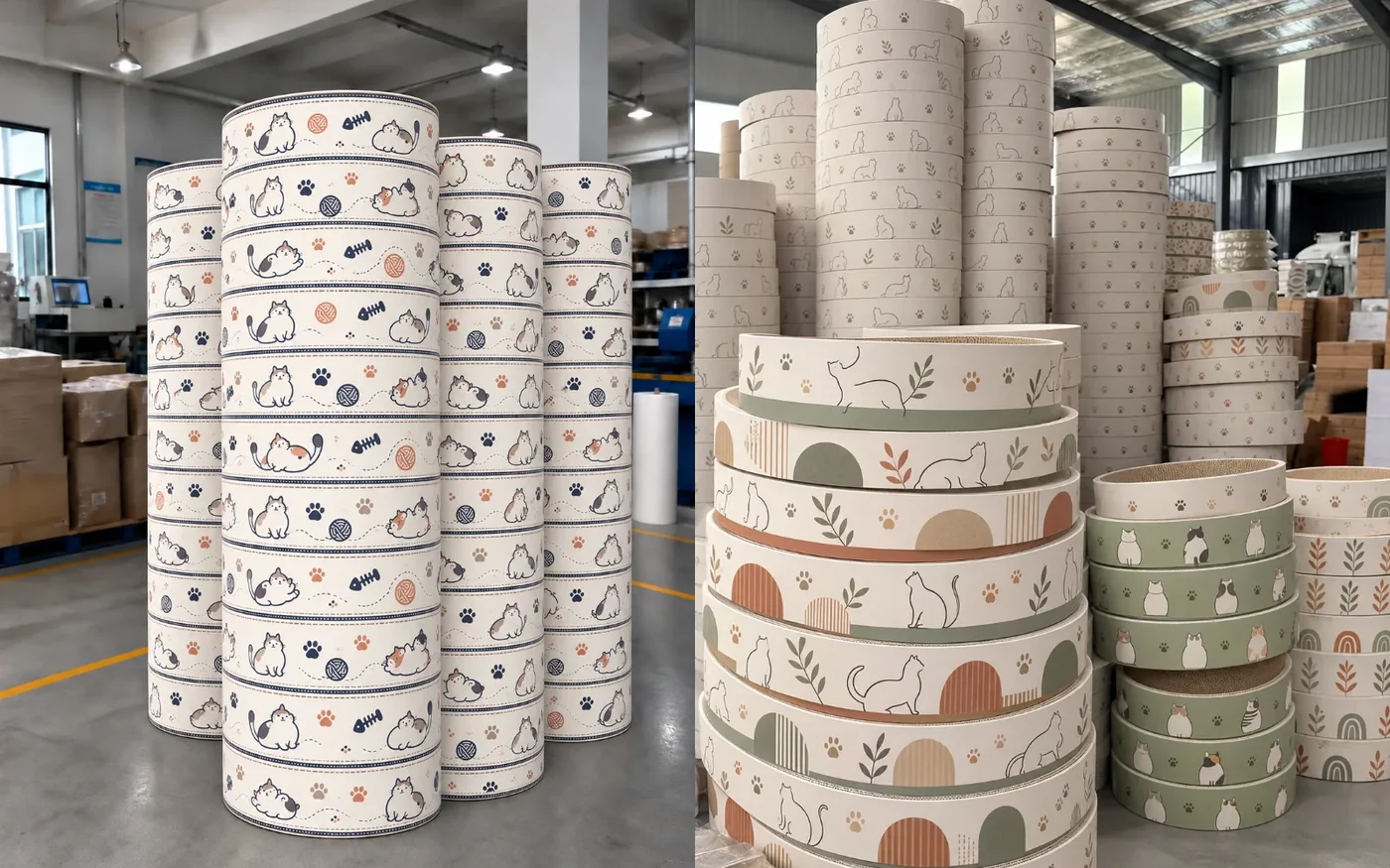 Cat-print rings stacked high on a pallet. Standing rings of printed cat scratchers.