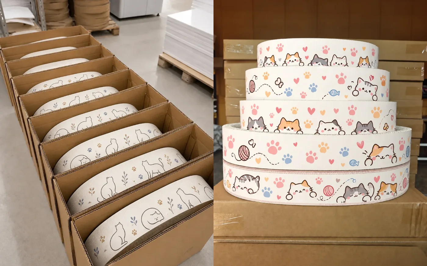 Scratcher rings flat packed in open cartons. Tiered display of cat-print scratcher rings.