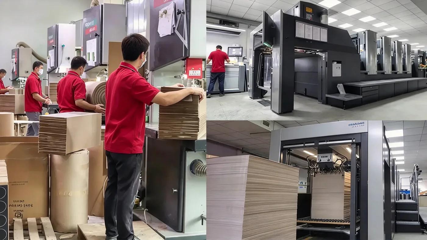The print crew loading corrugated sheets into the digital press for fast, color-true scratcher graphics.