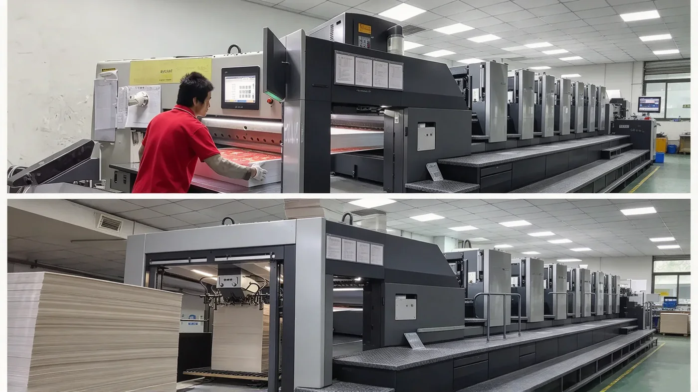 The offset line running printed corrugated board for branded cat scratchers, with the delivery stack building beside the press.