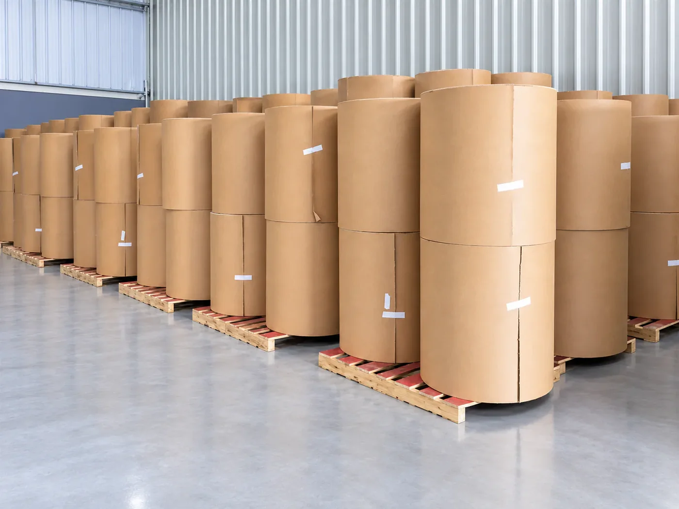 Kraft paper rolls stored before corrugated board production.