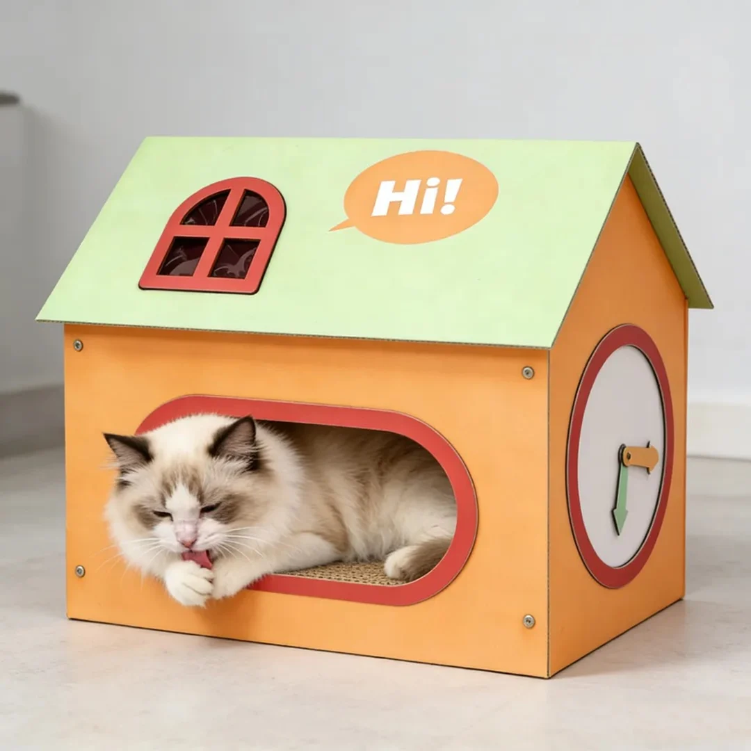 A cream point cat licking its paw at the arched door of an orange cardboard cat house with a green roof.