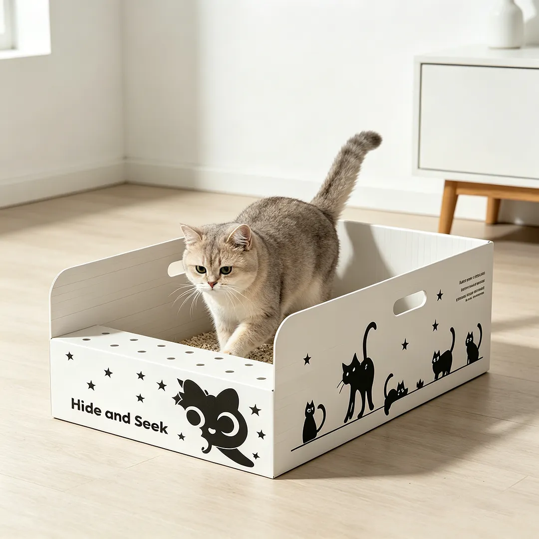 A grey cat stepping into a white cardboard litter box printed Hide and Seek, a light enclosed tray that still packs flat.