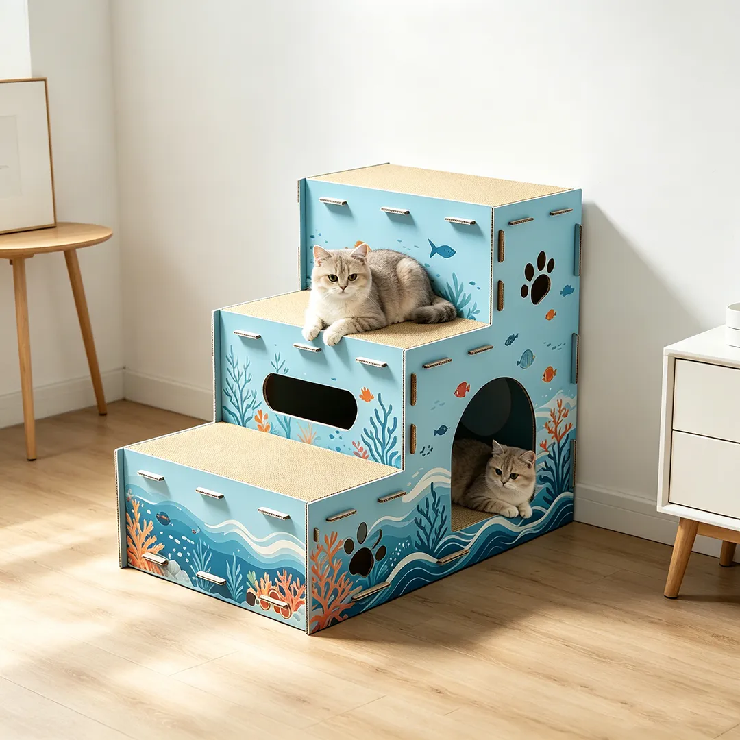 Two cats sharing a stacked ocean-print cardboard set, with a hideaway below and room to climb on top.
