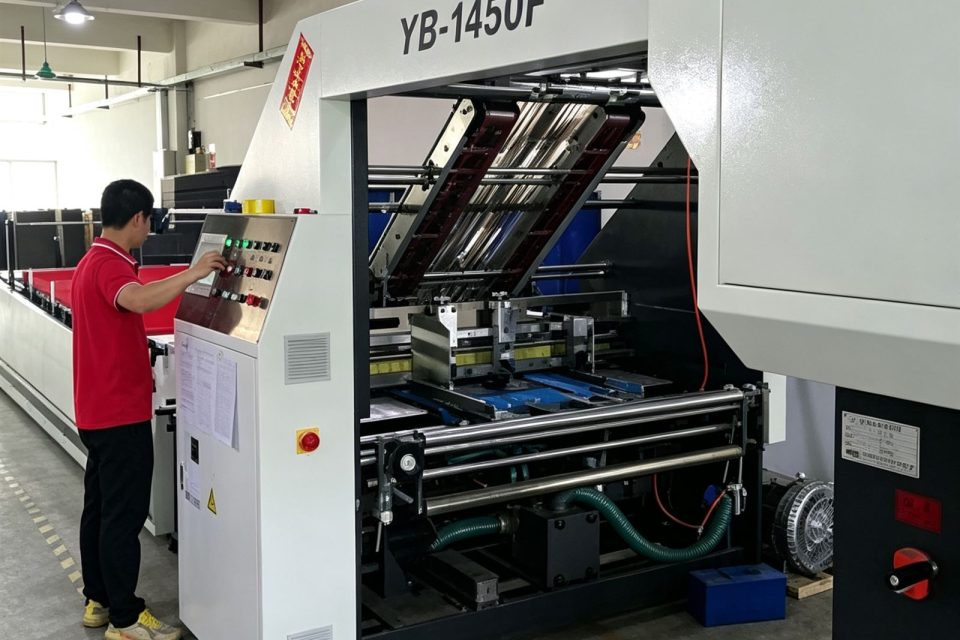 A folder-gluer operator checking corrugated parts as they leave the finishing line.