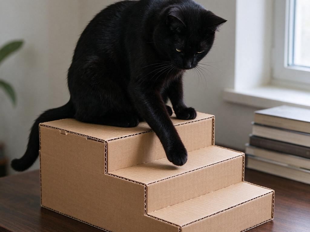 Cardboard cat house with stair steps and a cat sitting on top