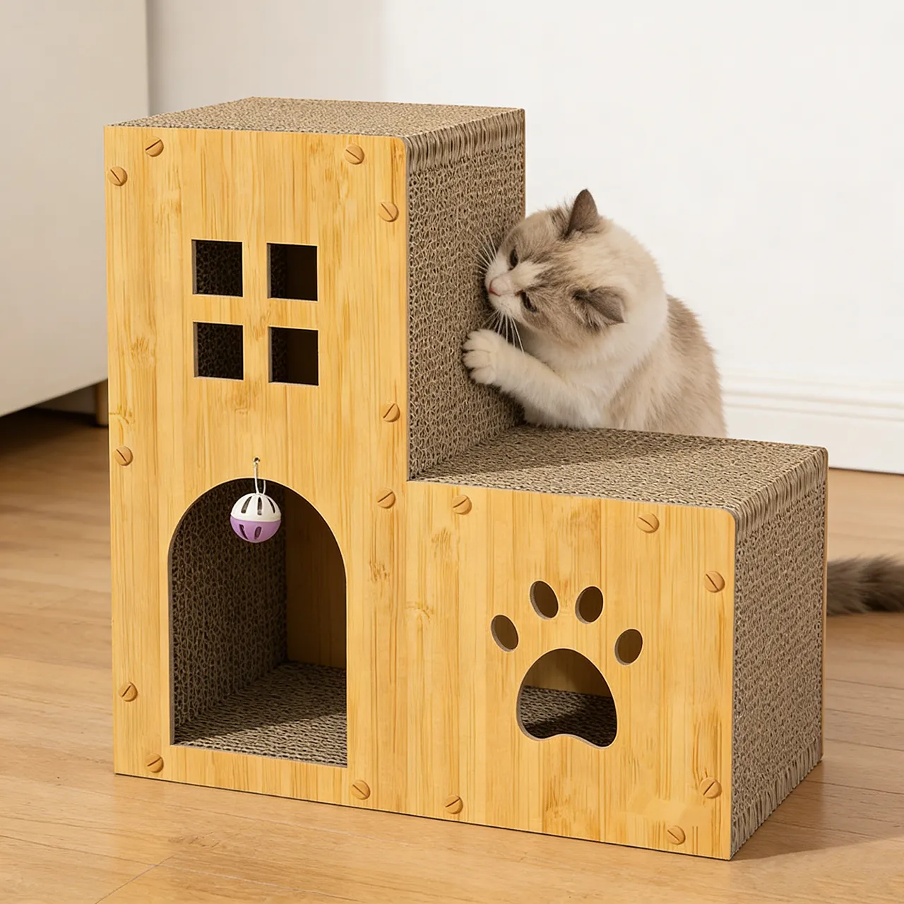 Wholesale custom wood grain double layer cat house WW-0010