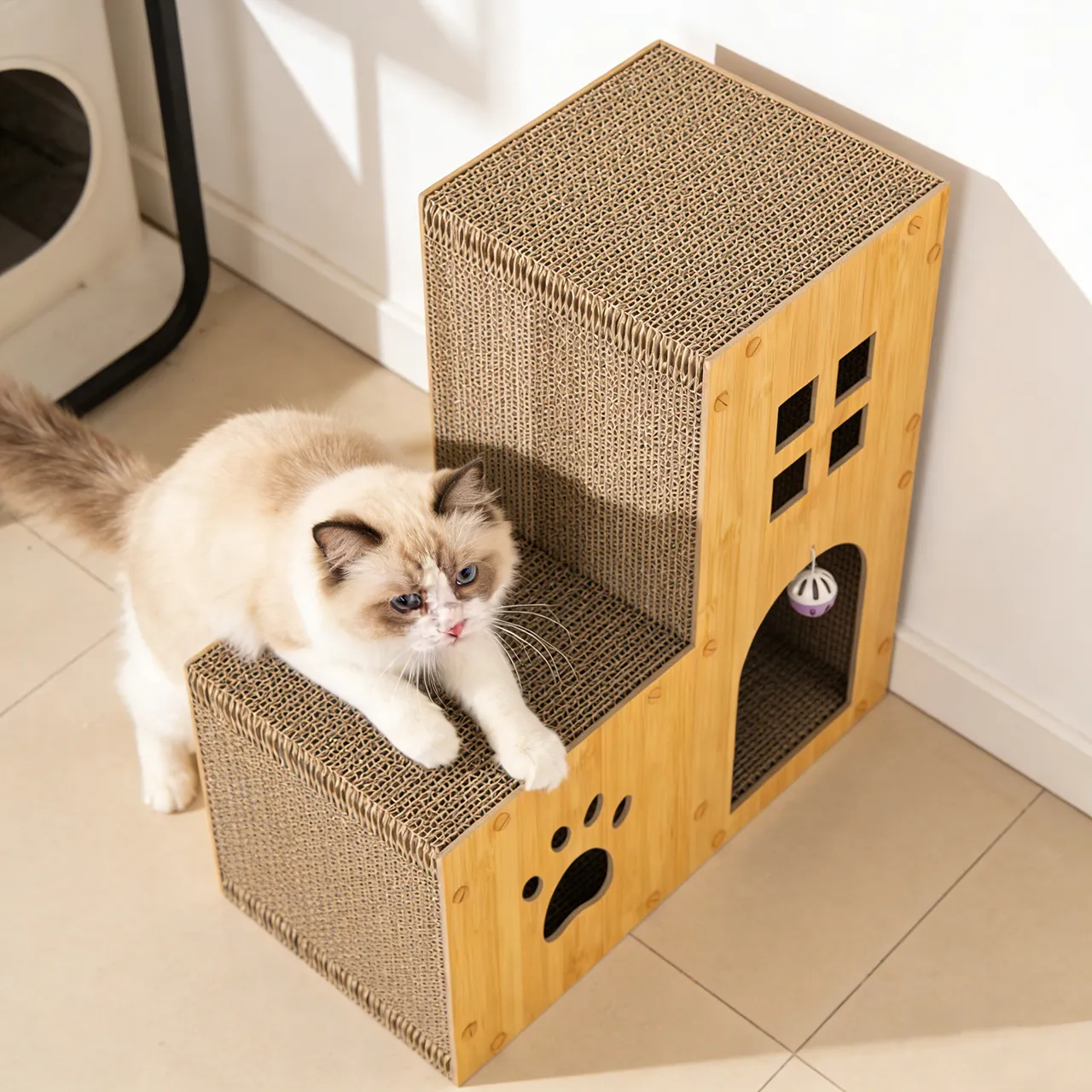 Wholesale custom wood grain double layer cat house WW-0010