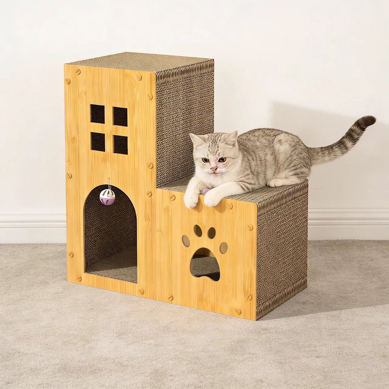 Wholesale custom wood grain double layer cat house WW-0010