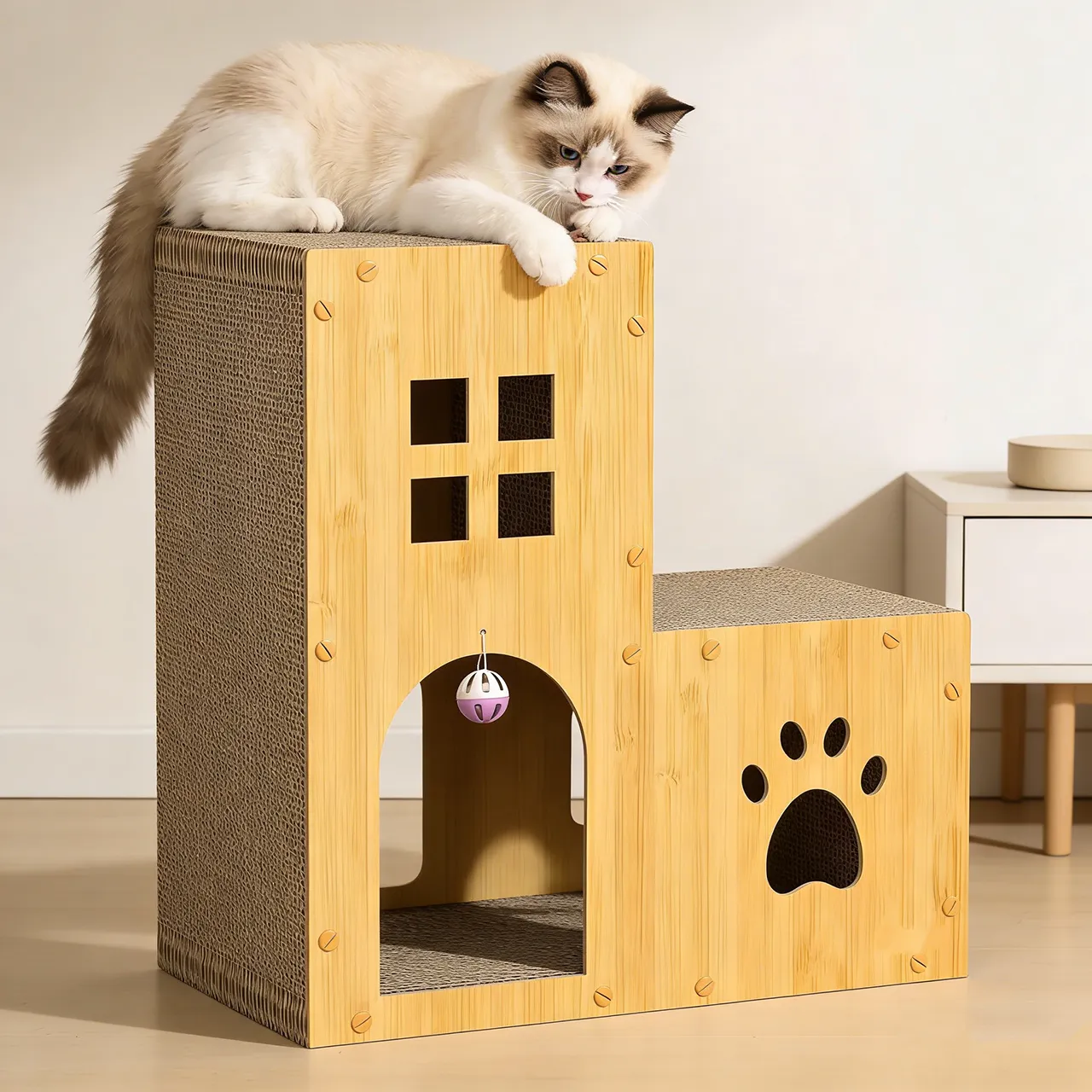 Wholesale custom wood grain double layer cat house WW-0010
