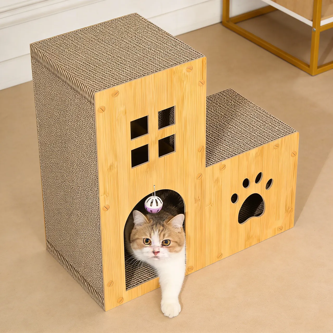 Wholesale custom wood grain double layer cat house WW-0010