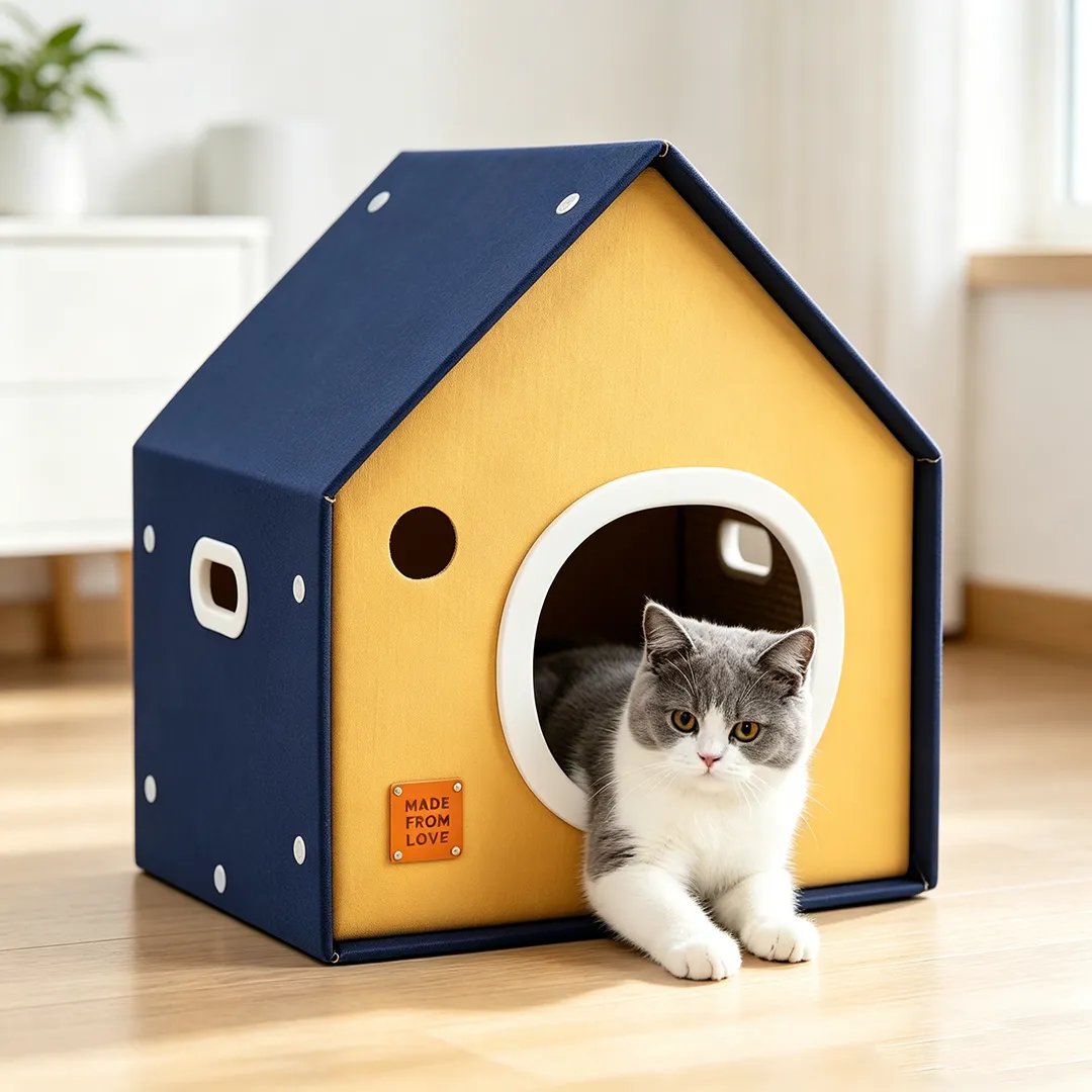 High-Quality Custom Blue and Yellow Contrasting Cottage Cat Bed WW-0025