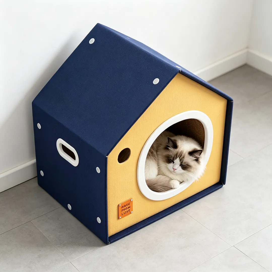 High-Quality Custom Blue and Yellow Contrasting Cottage Cat Bed WW-0025