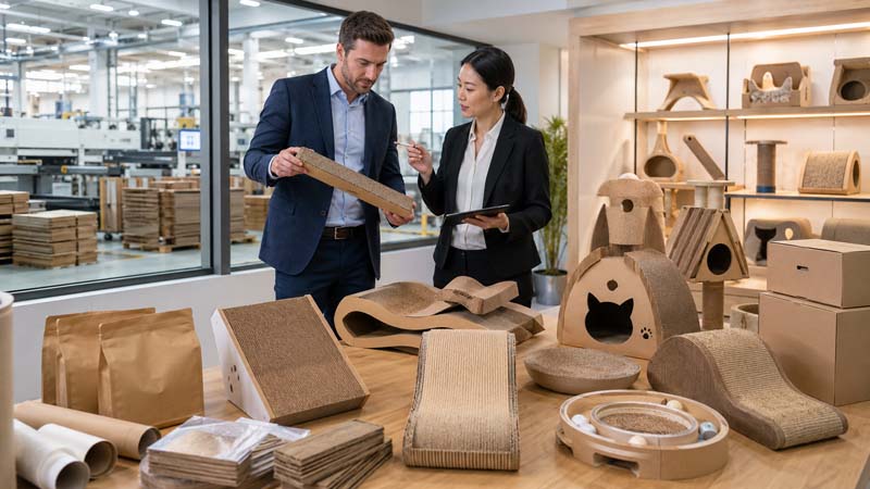 Cardboard cat scratcher wholesale buyer reviewing eco-friendly products with a pet product manufacturer