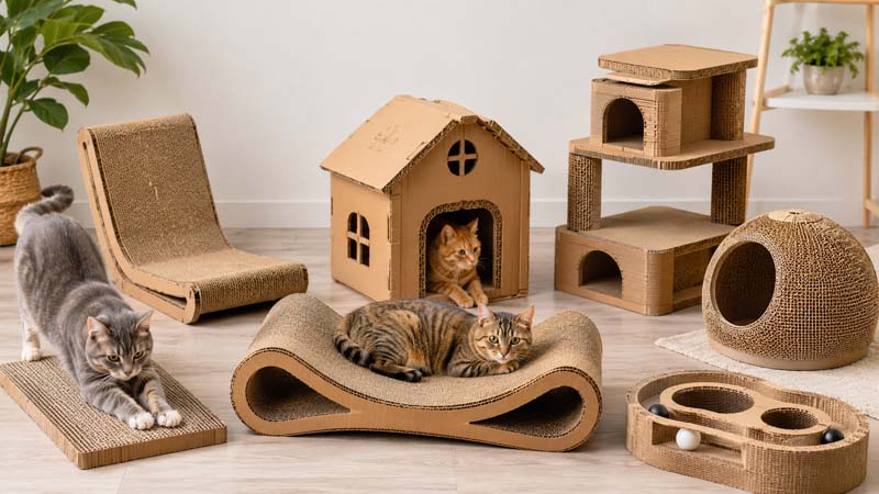 Wholesale cardboard cat scratcher styles including flat pads, lounges, cat houses, and climbing structures