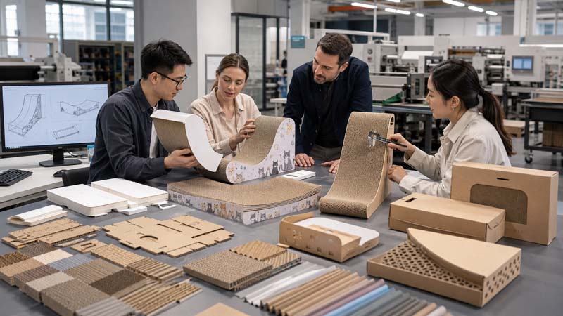 OEM and ODM cardboard cat scratcher development with prototypes, custom printing, and packaging