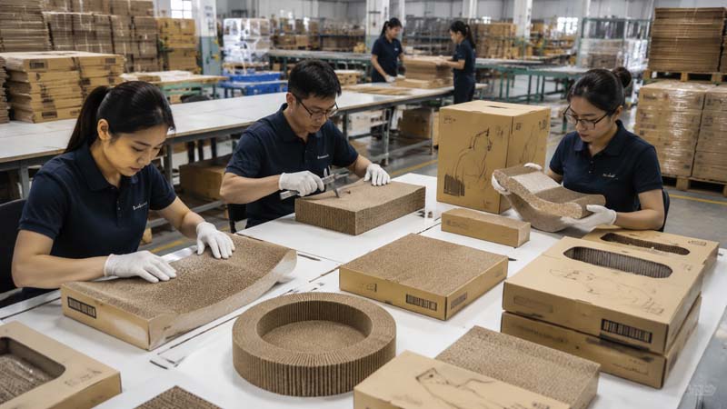 Cardboard cat scratcher quality control inspection for corrugated material, printing, and packaging