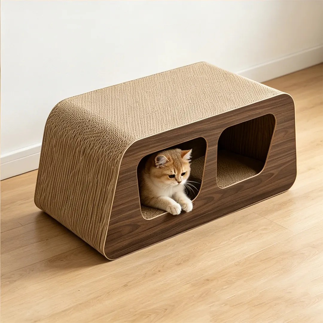 High quality custom wood grain double hole rounded square box cat scratch nest ZB-0185