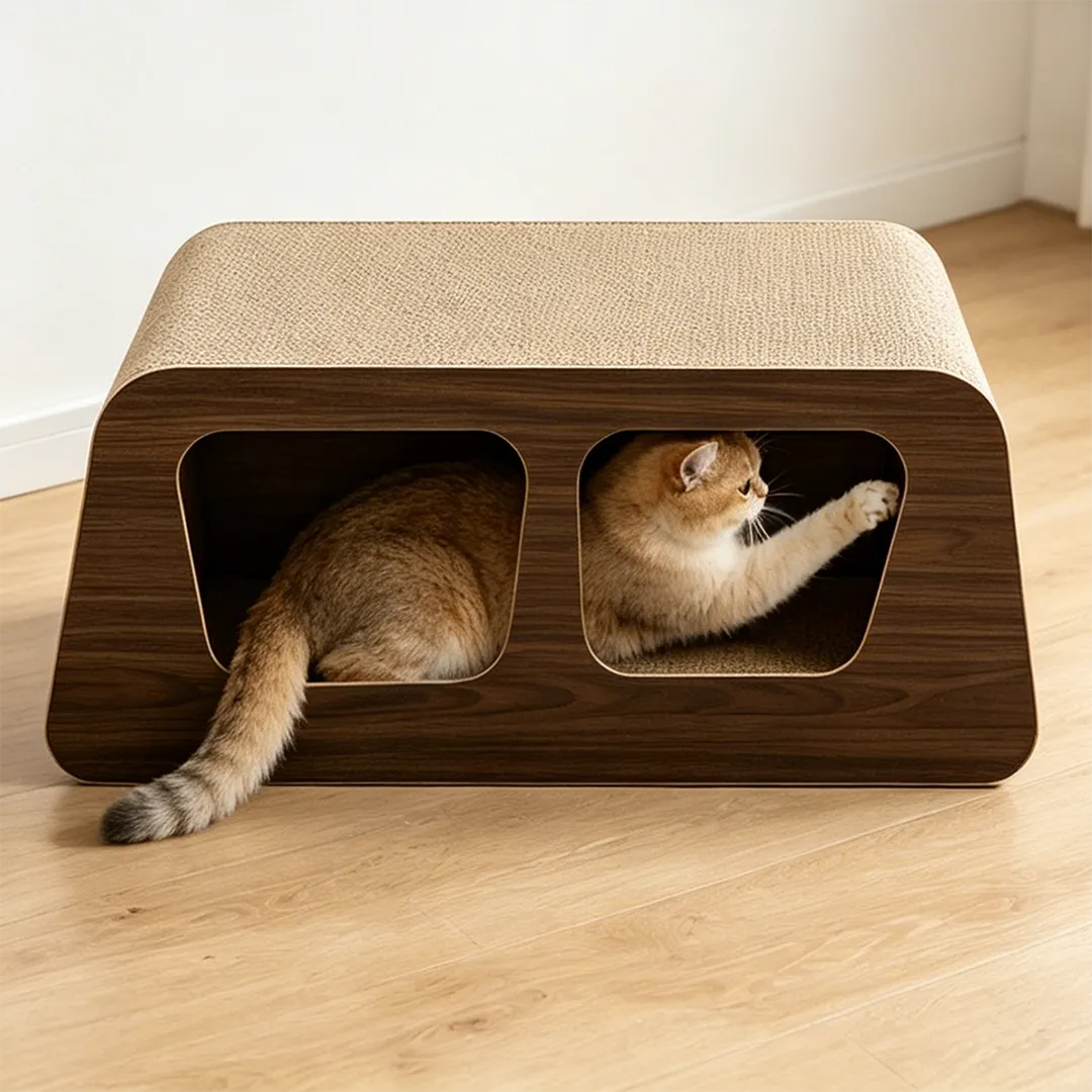 High quality custom wood grain double hole rounded square box cat scratch nest ZB-0185
