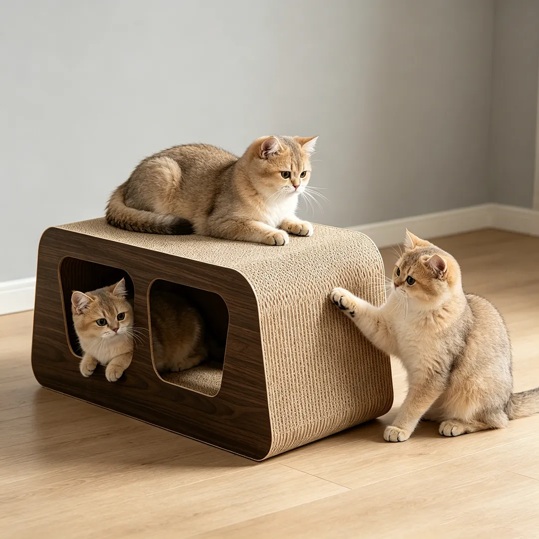 High quality custom wood grain double hole rounded square box cat scratch nest ZB-0185