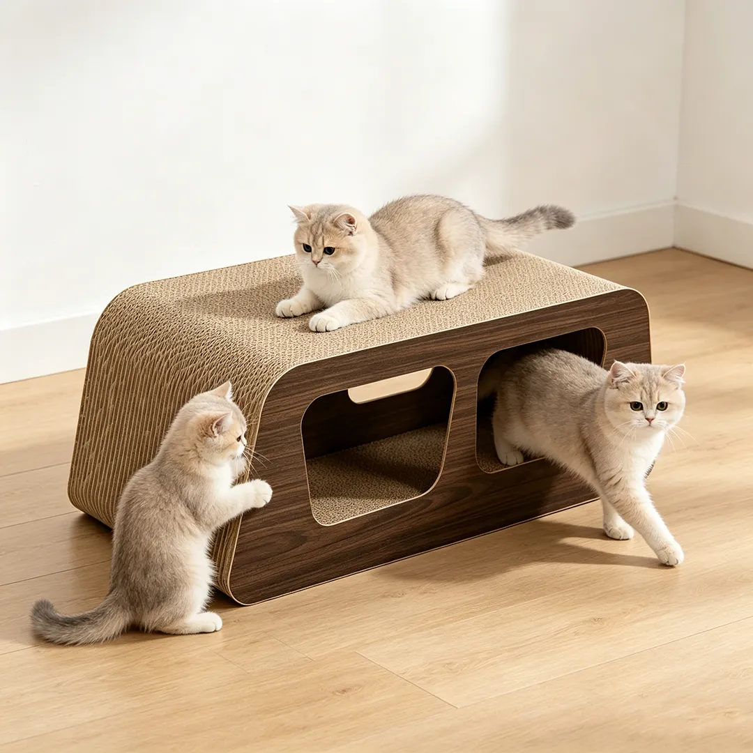 High quality custom wood grain double hole rounded square box cat scratch nest ZB-0185