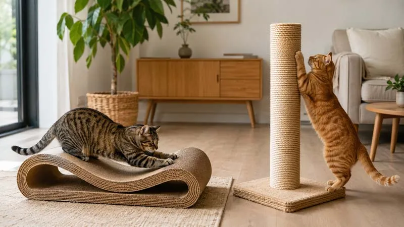 Cardboard vs sisal cat scratcher showing horizontal and vertical scratching styles