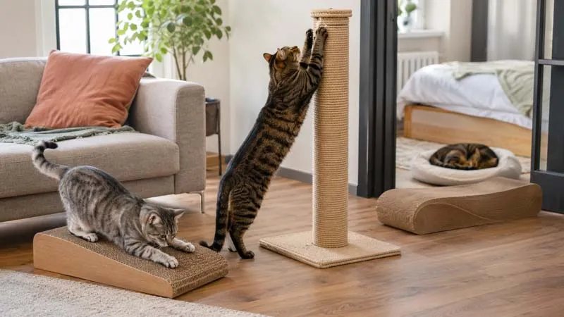 Cats using an angled cardboard scratcher and a tall vertical sisal scratching post