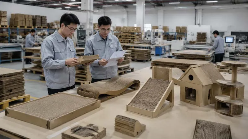 Petaful team developing and inspecting custom cardboard cat scratcher products