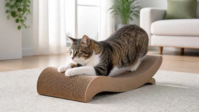 Cat using a clean corrugated cardboard scratcher in a bright living room