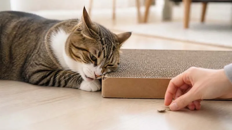 Owner supervising a cat that is chewing a cardboard scratcher