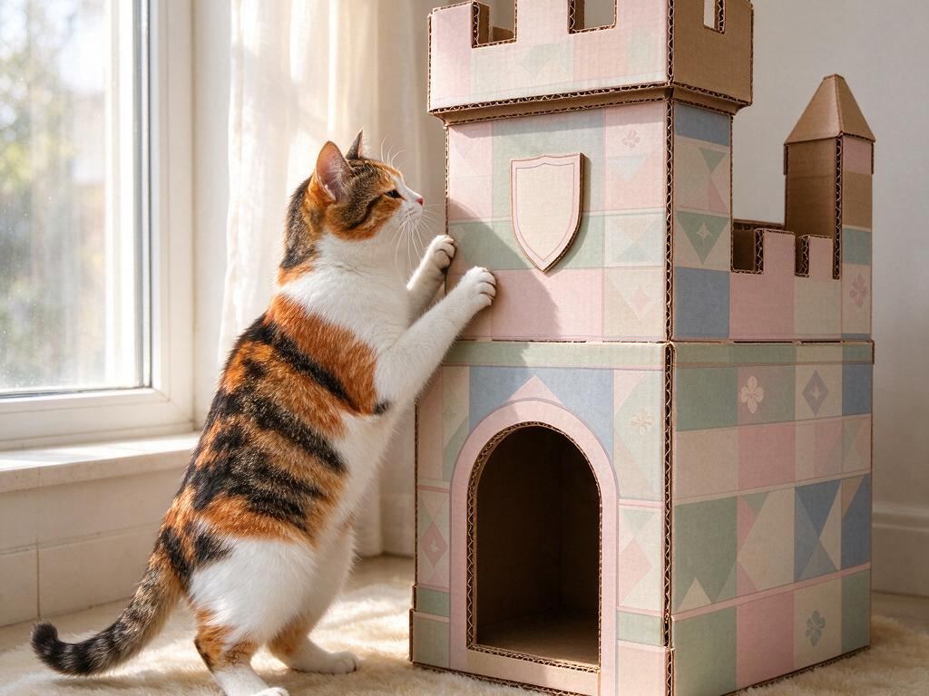 Printed pastel cardboard cat house in castle form with a cat stretching against it