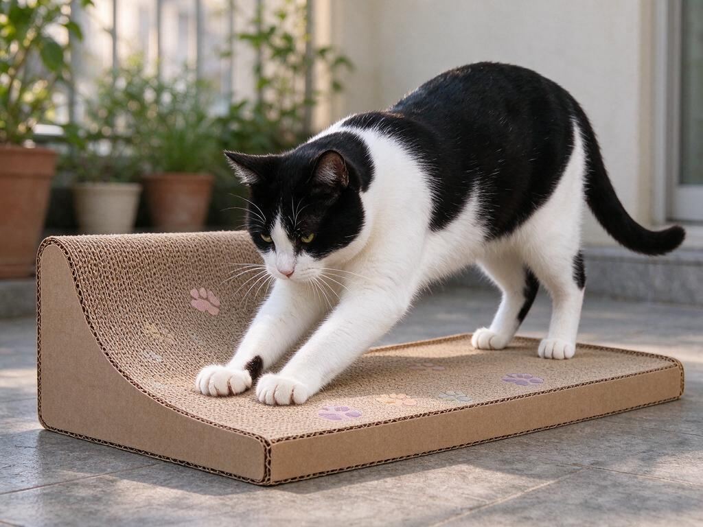 Cat scratching a slanted corrugated cat scratcher ramp