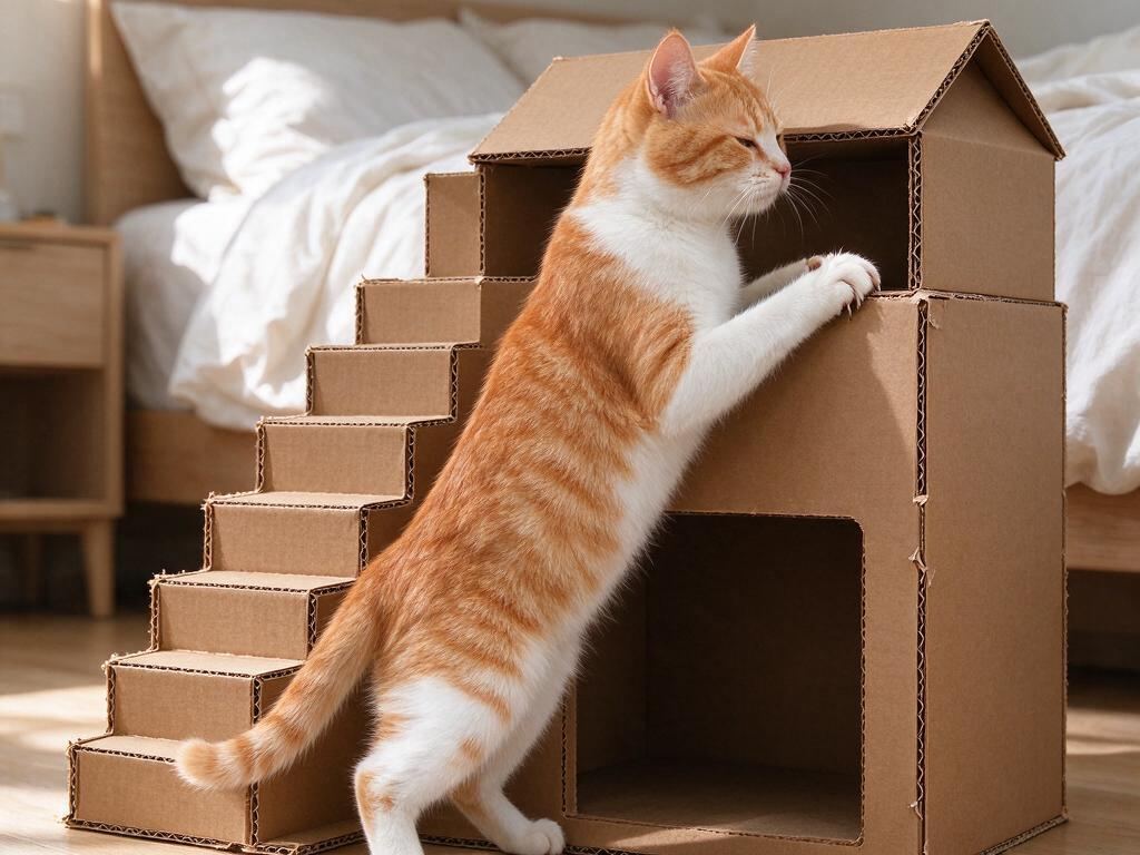 Cat stretching on a two-level corrugated cardboard cat house