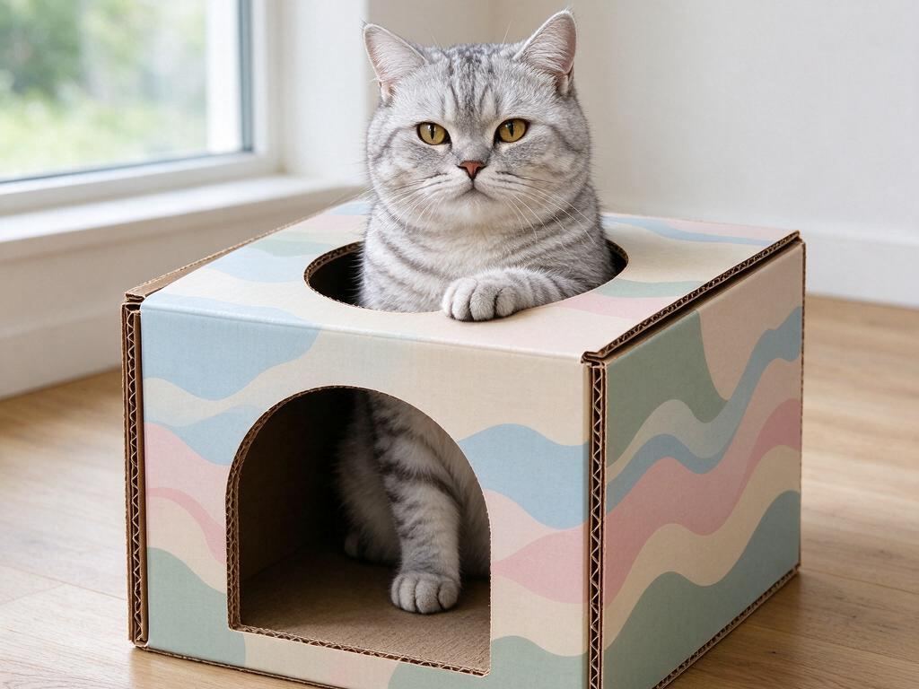 Cat peeking through a die-cut hole in a hide-and-seek cardboard cat house